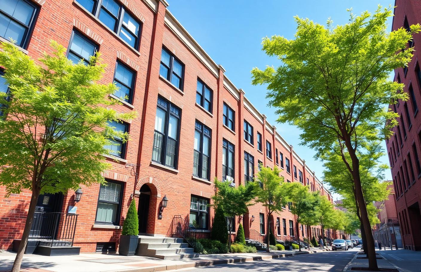 A sunlit brick townhouse on a quiet street